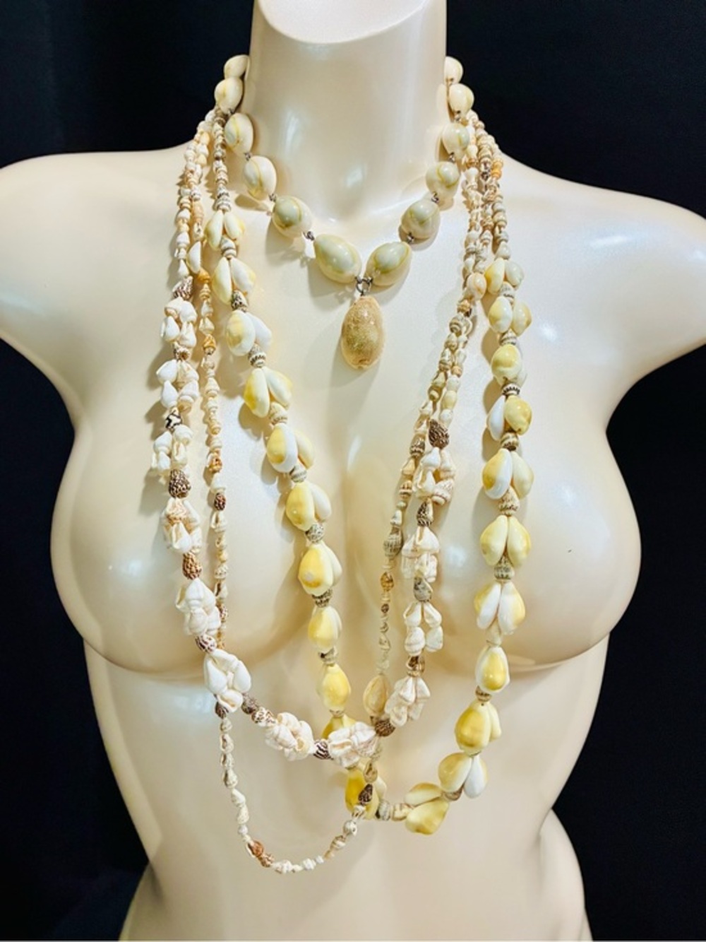 VTG Cowrie Chocker 12k GF & Multi-Strand Shell Bead Necklace in Cream and Yellow